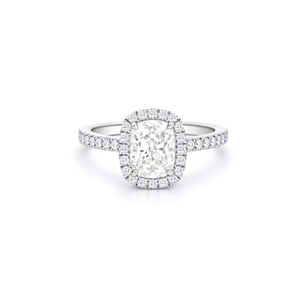 Cushion cut diamond ring with halo