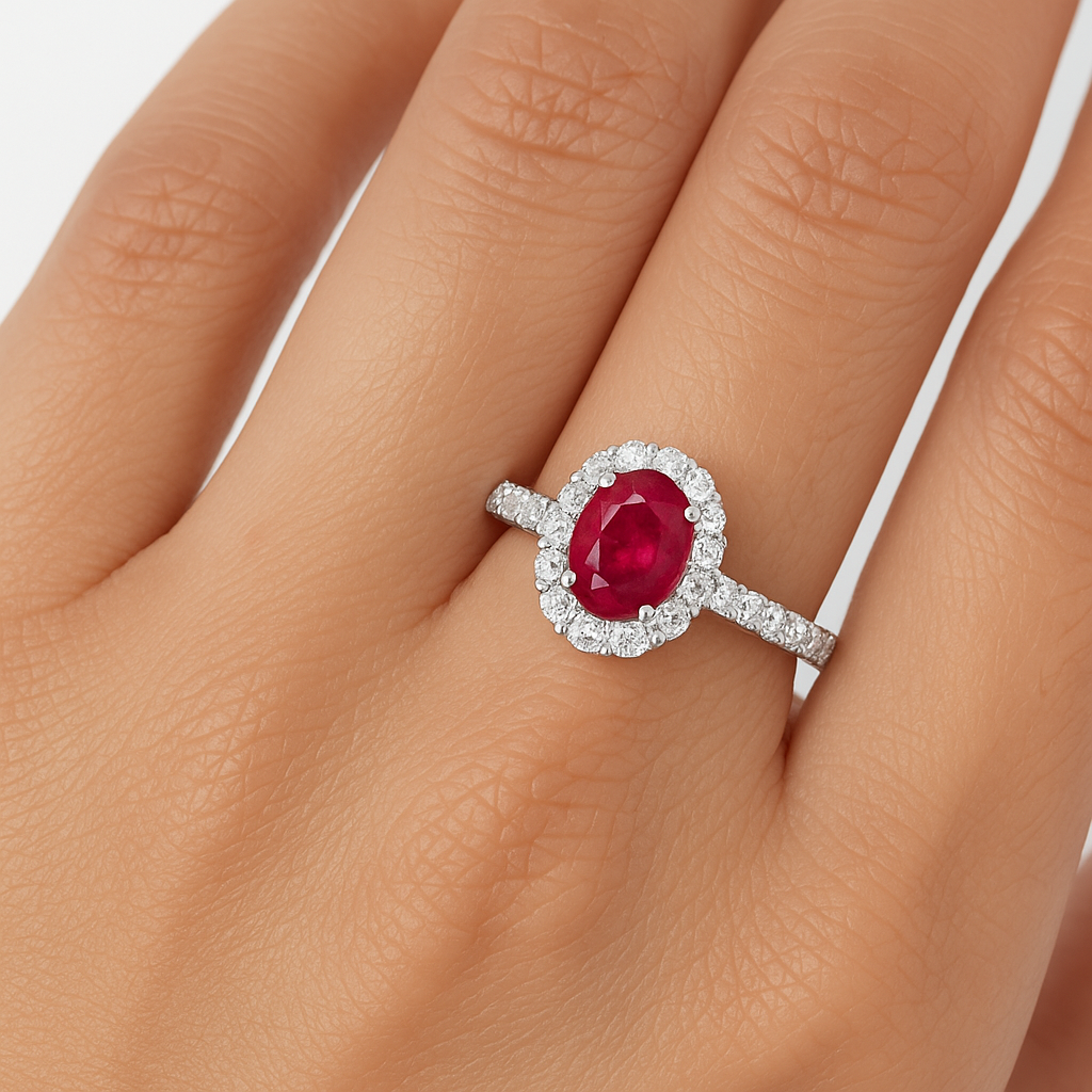 Oval Ruby ring with Diamond Halo Dubai