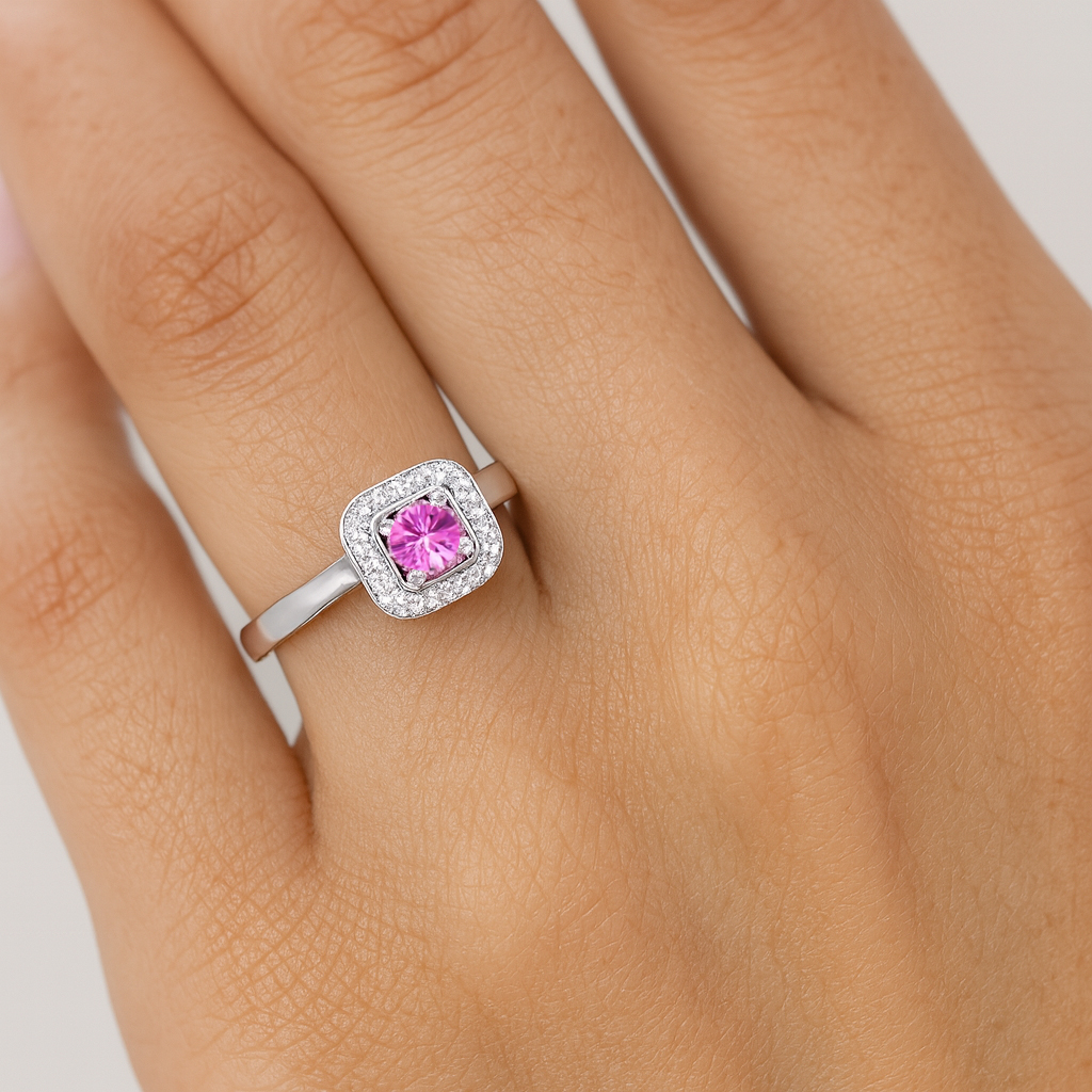 Pink Sapphire Ring With Diamond Halo Dubai
