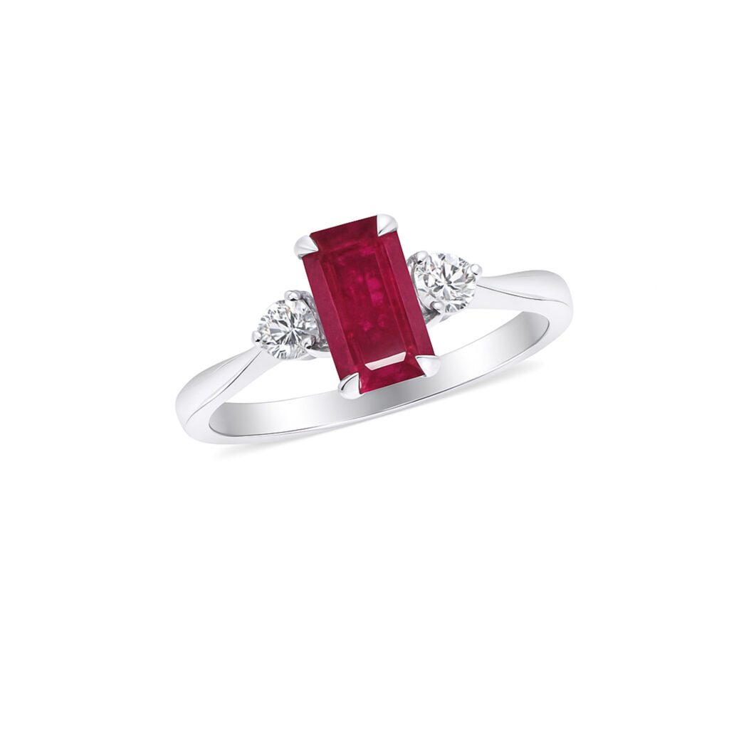 Emerald Cut Ruby ring with Shoulder diamonds Dubai
