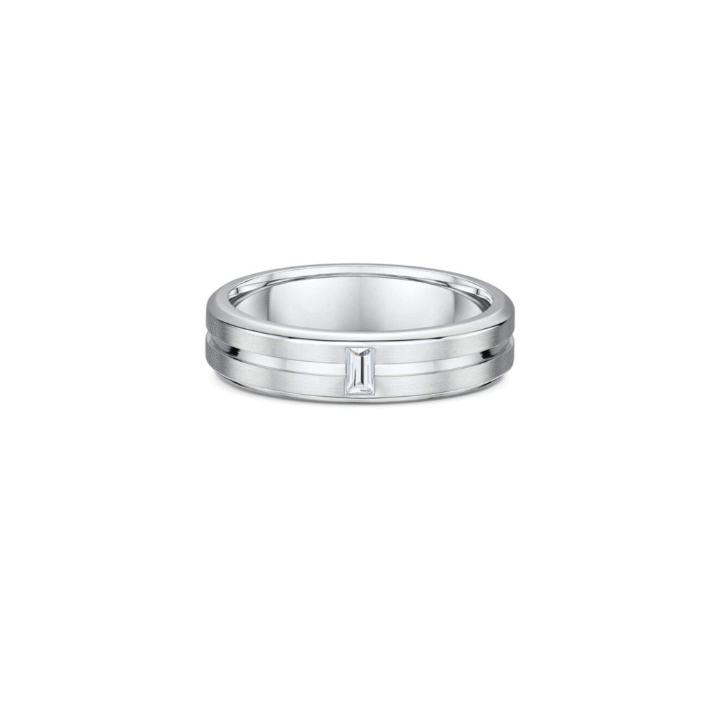 Wedding ring with emerald shape diamond