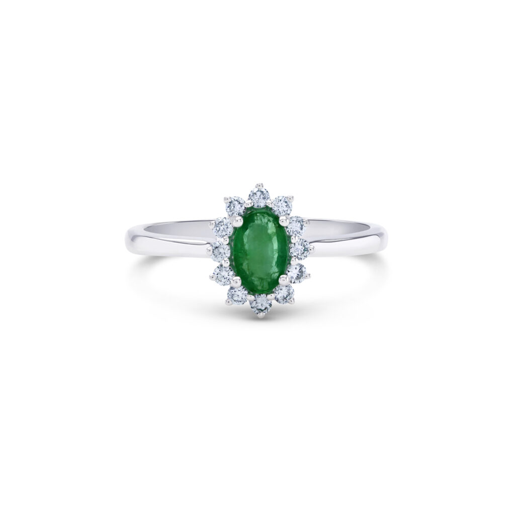 Emerald ring in diana setting