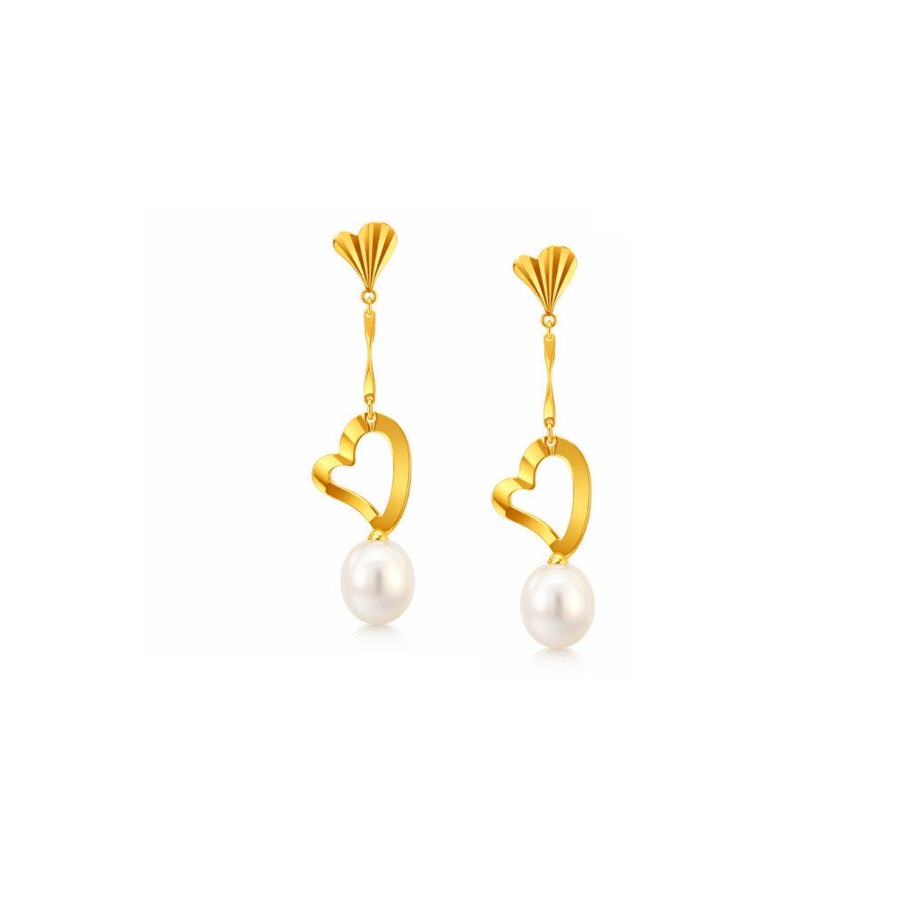 Yellow gold heart with pearl earrings