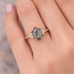 Hexagon salt and pepper diamond ring with side diamonds Dubai