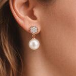 Dangling pearl earrings with diamonds
