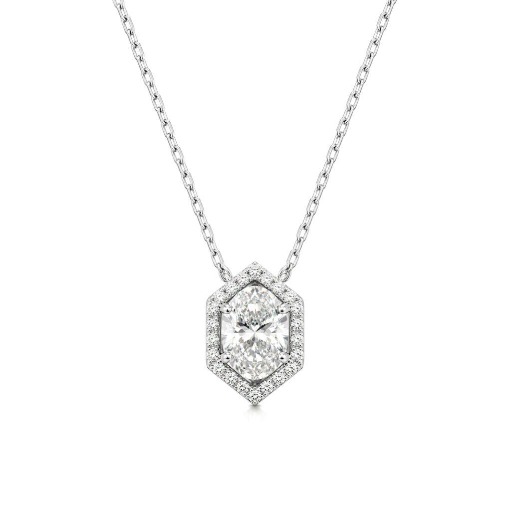 Cushion shaped diamond pendant with Hexagonal Halo