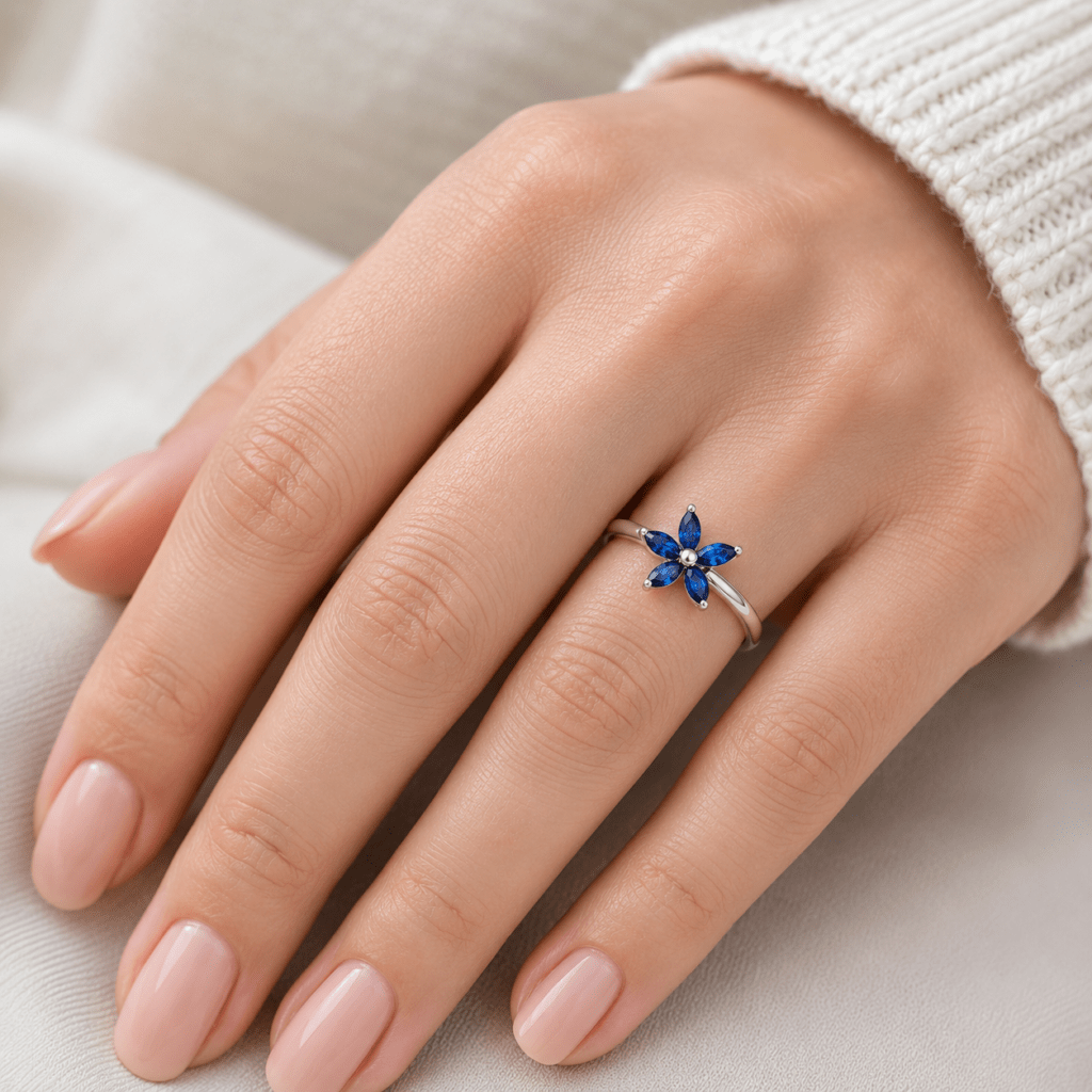 Blue Sapphire marquise shaped flower ring Dubai