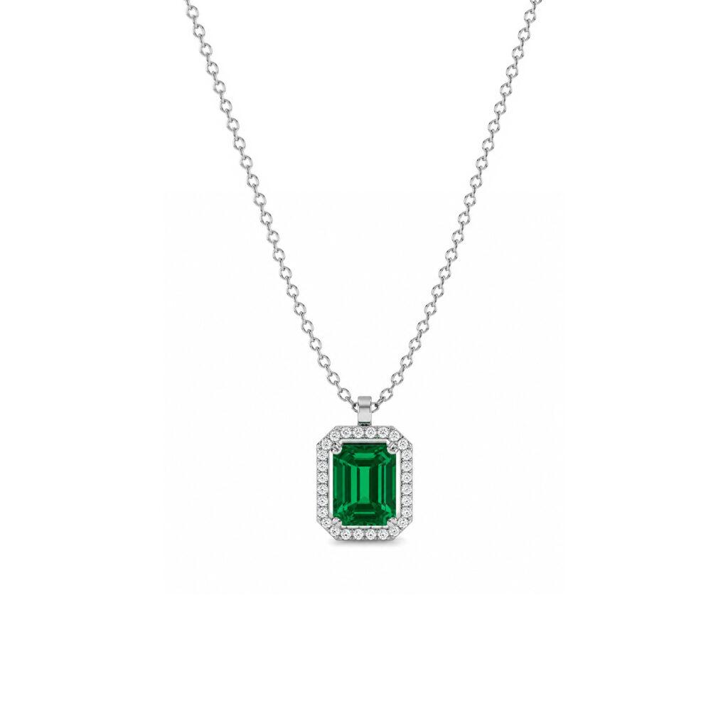 Emerald Pendant with diamond halo