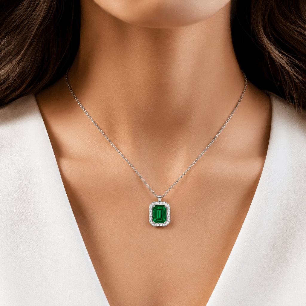 Emerald Pendant with diamond halo Dubai