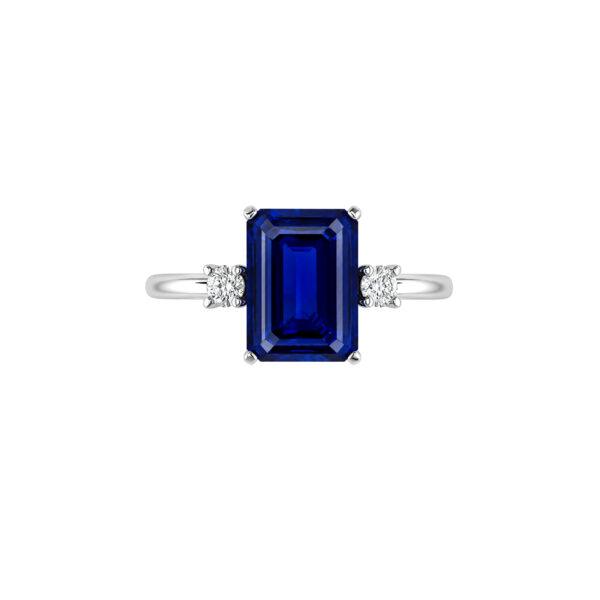 Emerald shaped Sapphire ring with side diamonds