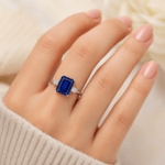 Emerald shaped Sapphire ring with side diamonds Dubai
