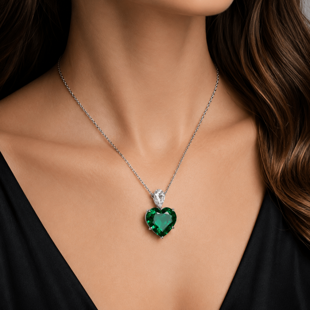 Heart shaped emerald pendant with diamond