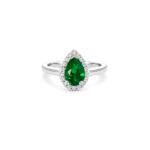 Pear shaped green emerald ring with halo