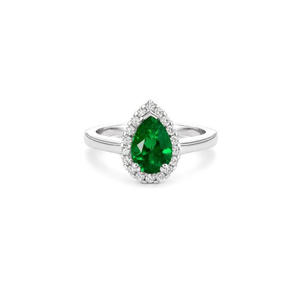 Pear shaped green emerald ring with halo