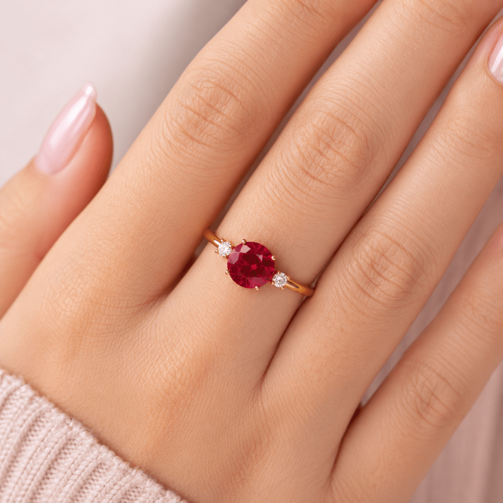 Round shaped ruby ring with side diamonds Dubai
