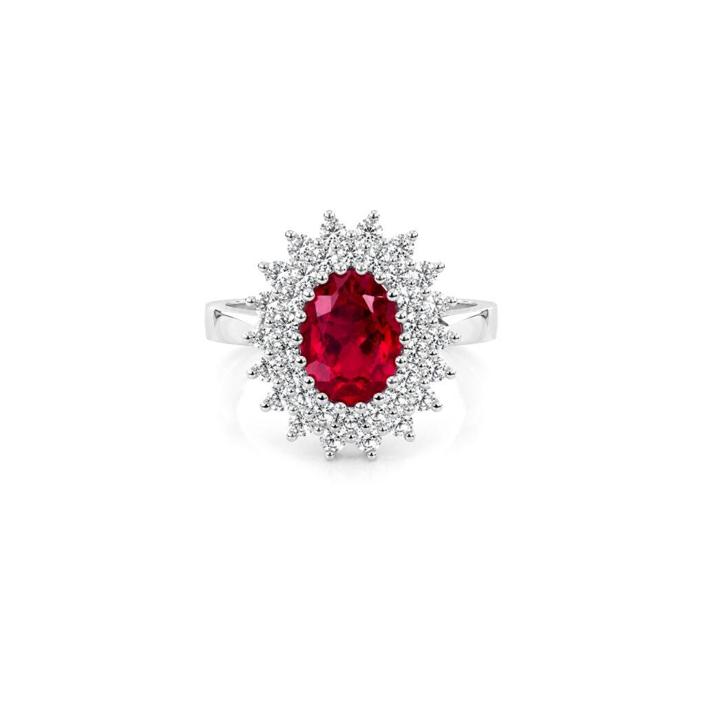 Ruby ring with dual diamond halo