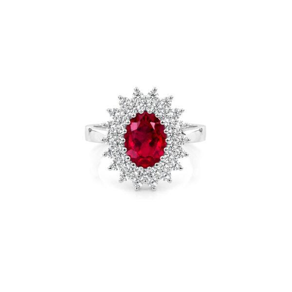 Ruby ring with dual diamond halo