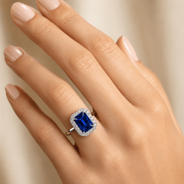 Sapphire ring in emerald shape with Diamonds Dubai