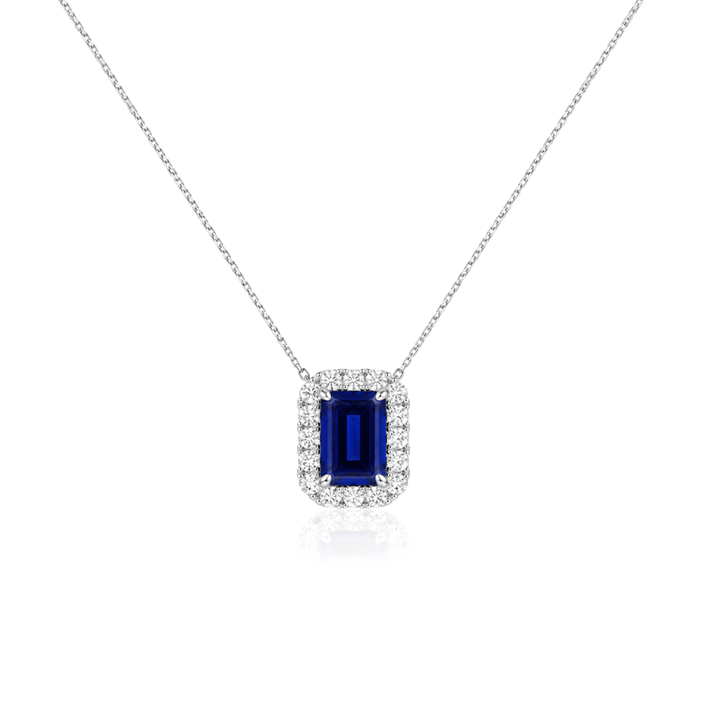 Diana Emerald Cut Blue Sapphire and Diamond Pendant