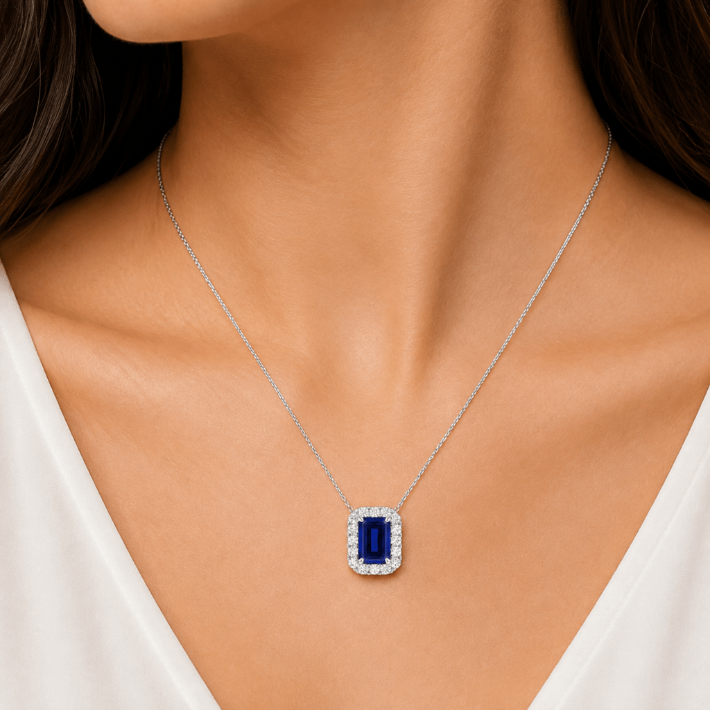 Diana Emerald Cut Blue Sapphire and Diamond Pendant Dubai