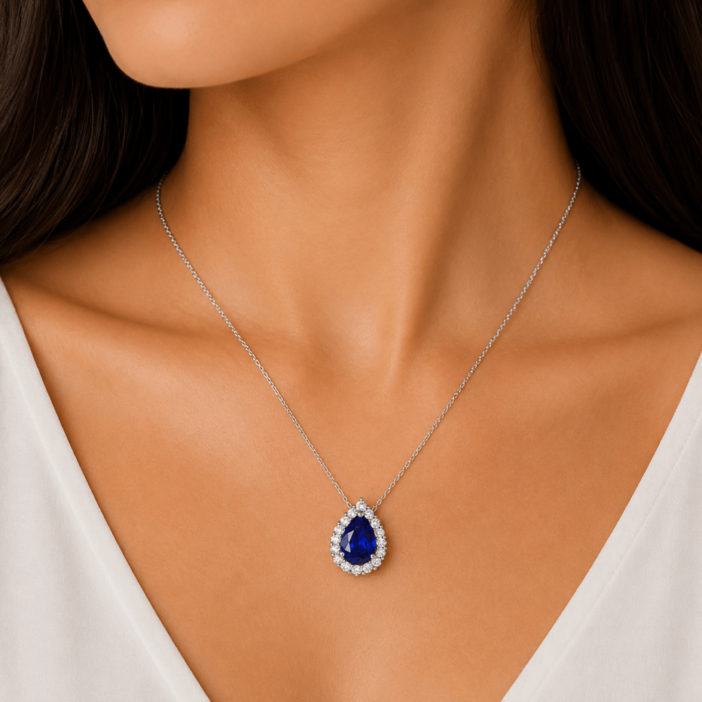Diana Pear Blue Sapphire and Diamond Pendant Dubai