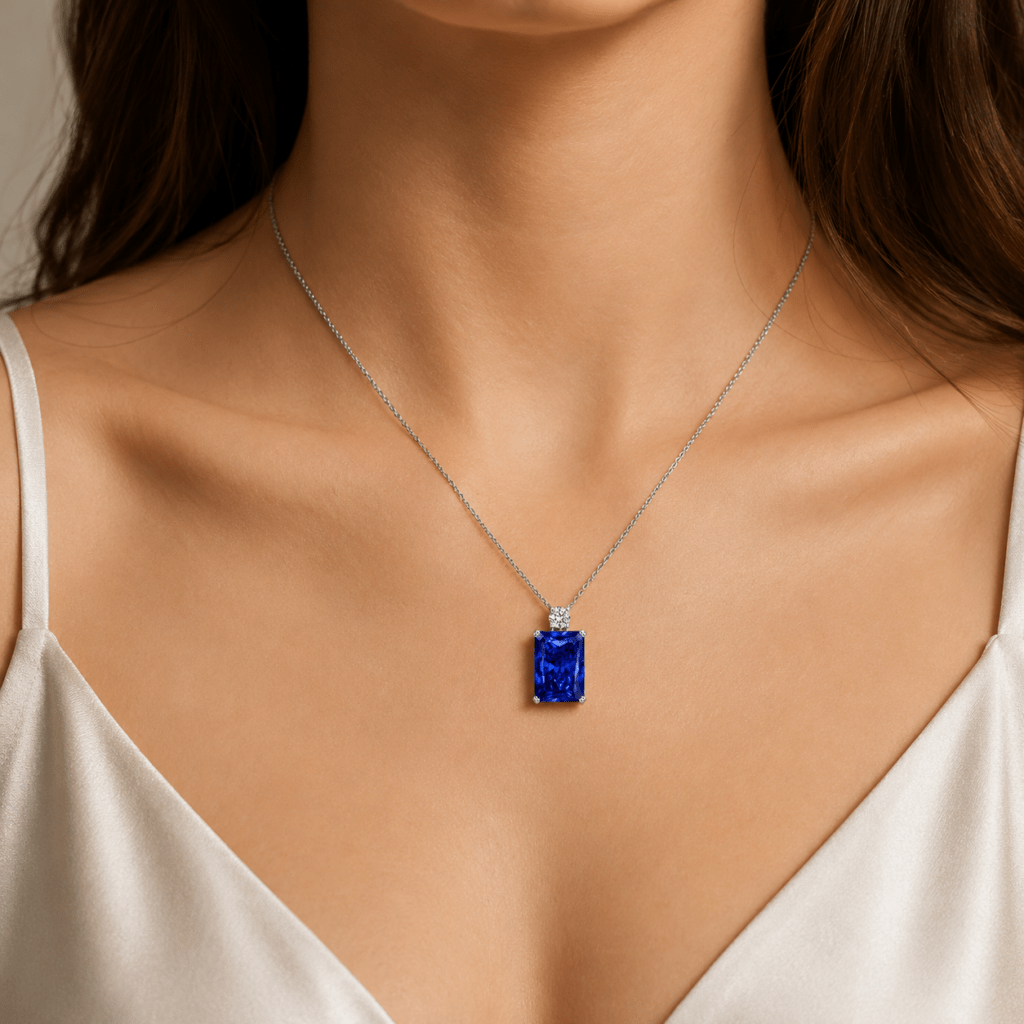 Emerald-Cut Blue Sapphire Necklace with Diamond Dubai