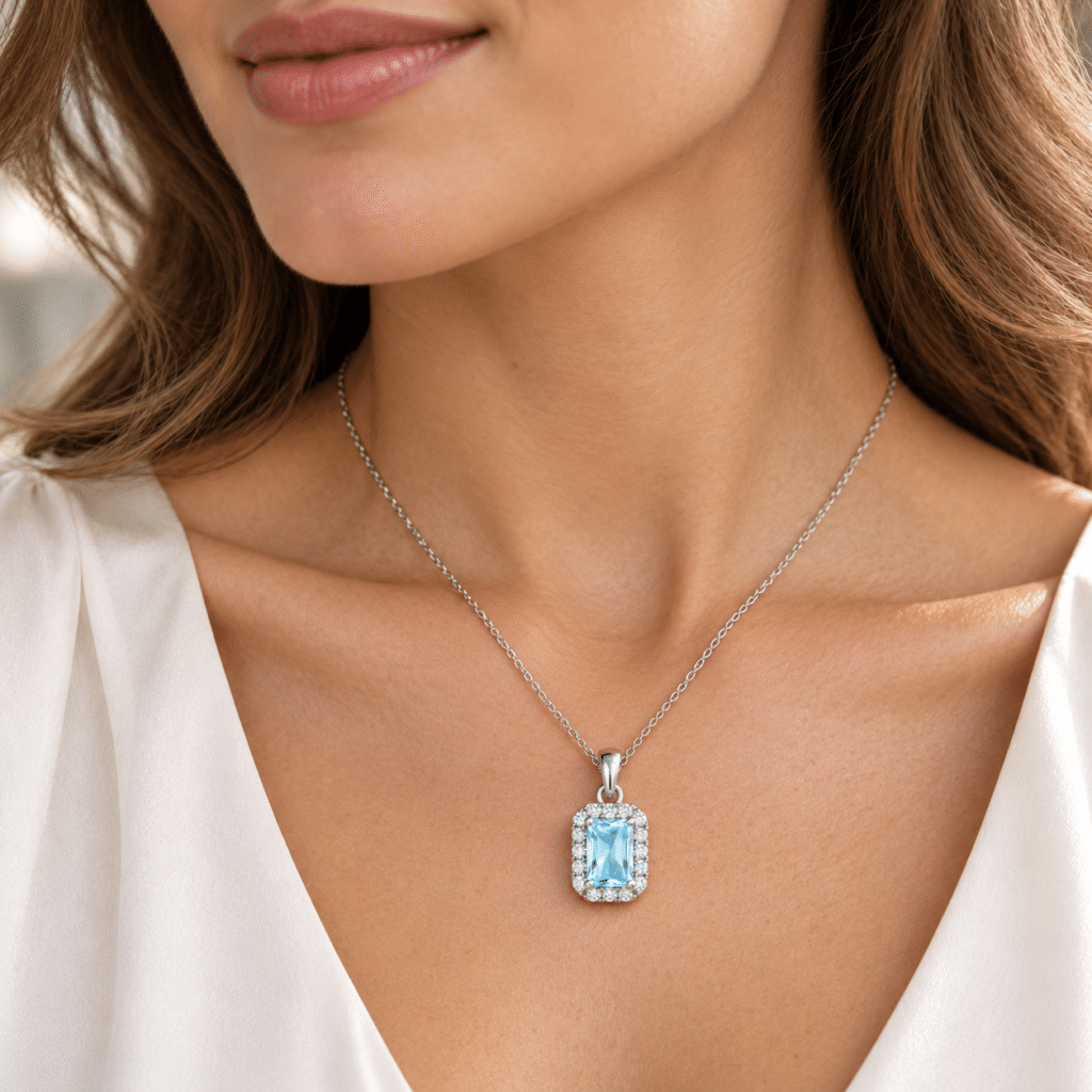 Aquamarine halo pendant Dubai